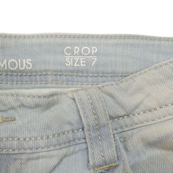 Almost Famous Crop Jeans Size 7 Juniors Roll Cuff Distressed Blue Measures 30x18 - Picture 7 of 10